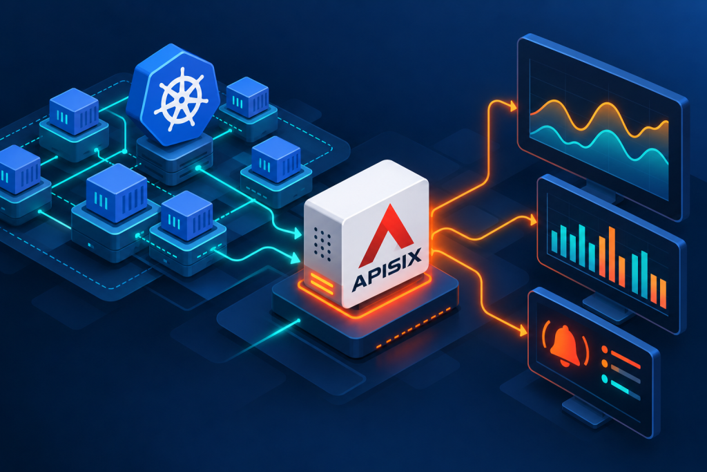 نمای مفهومی مانیتورینگ APISIX در کنار کلاستر Kubernetes و نمودارهای پایش