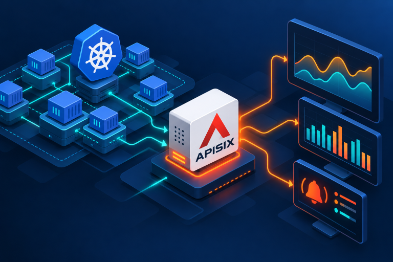 نمای مفهومی مانیتورینگ APISIX در کنار کلاستر Kubernetes و نمودارهای پایش