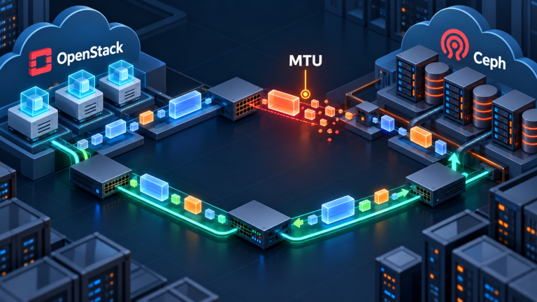 نمای مفهومی بررسی MTU و مسیر انتقال داده میان OpenStack و ذخیره‌ساز Ceph